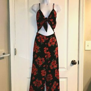 RUE21 Red Black Midriff Cutout Floral Tie-up Jumpsuit S EUC